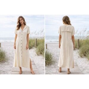 Vtg 90s Linen Blend Maxi‎ Virgo ll Cream Button Front Minimalist Slit Coastal M